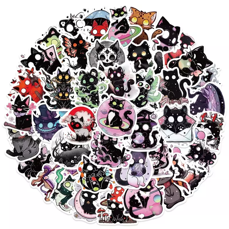 50pcs Black Cat Animals Anime Cute Funny Love Doodle Waterproof Stickers For Suitcase Water Bottle DIY Laptop Skateboard Luggage