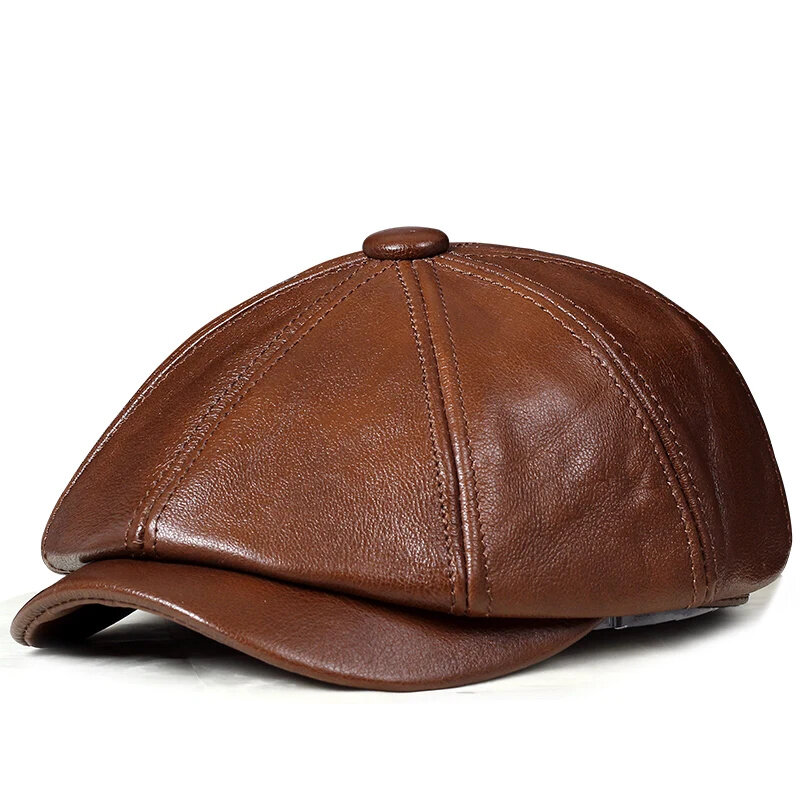 Retro ottagonale cappello genuino autunno berretto in pelle di vacchetta da uomo elegante moda studente lingua Cap Snapback Caps For Men