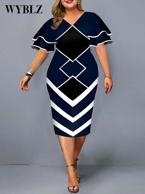 Plus Size Dresses for Women 4xl 5x New Year 2022 Summer Flying Sleeve Fashion O-neck Dresses Office Lady Business Dress Vestidos