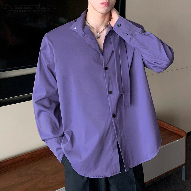 INCERUN-Tops de estilo coreano para hombre, blusa informal de manga larga con hombrera, con diseño de pajarita, S-5XL, 2024