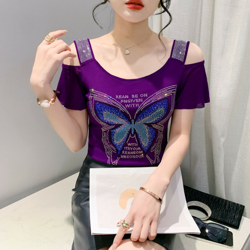 Carta de borboleta das mulheres diamantes brilhantes t-shirt, blusa sexy fora do ombro, senhoras tees, design de verão tops, tamanhos M-3XL