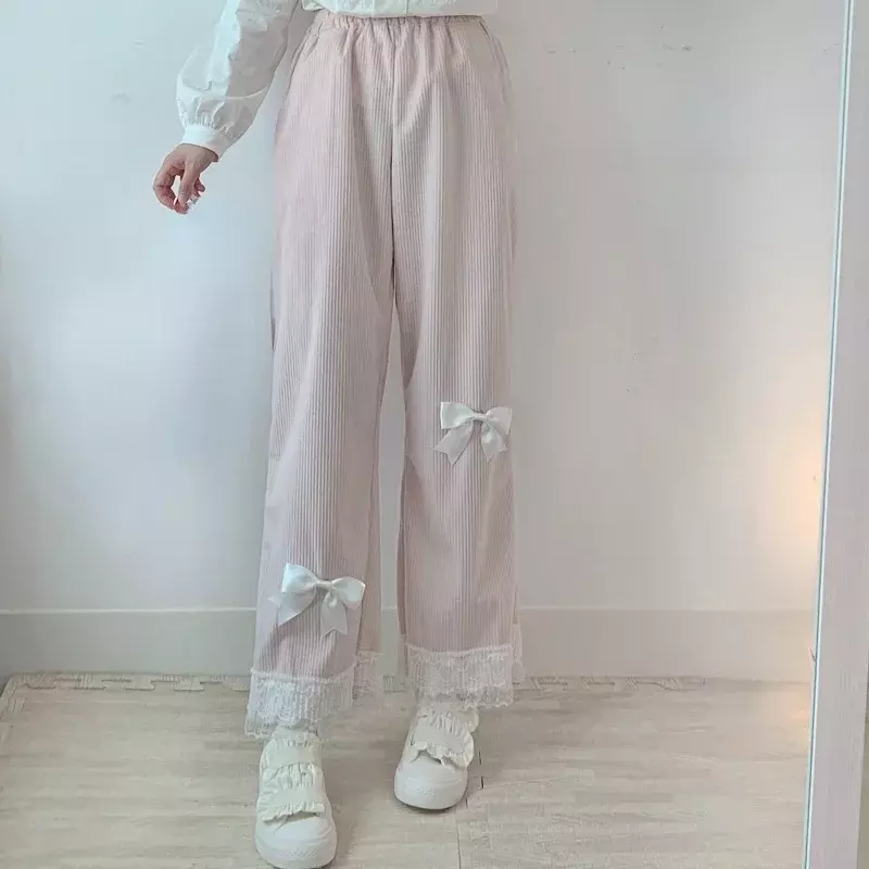 Pantaloni di velluto a coste a vita alta Kawaii da donna giapponesi Lolita pantaloni a gamba larga in pizzo con fiocco dolce nuovi vestiti Y2k pantaloni larghi casuali carini