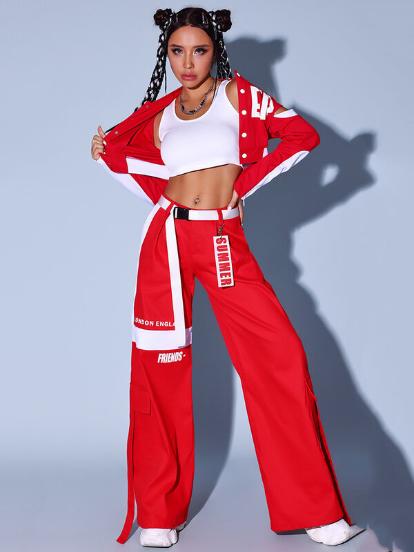 Red Jazz Dance Kostuum Vrouwen Nachtclub Girl Gogo Danseres Outfit Hiphop Kleding Koreaanse Zangeres Podiumkostuum Dj Ds Rave Wear Sets