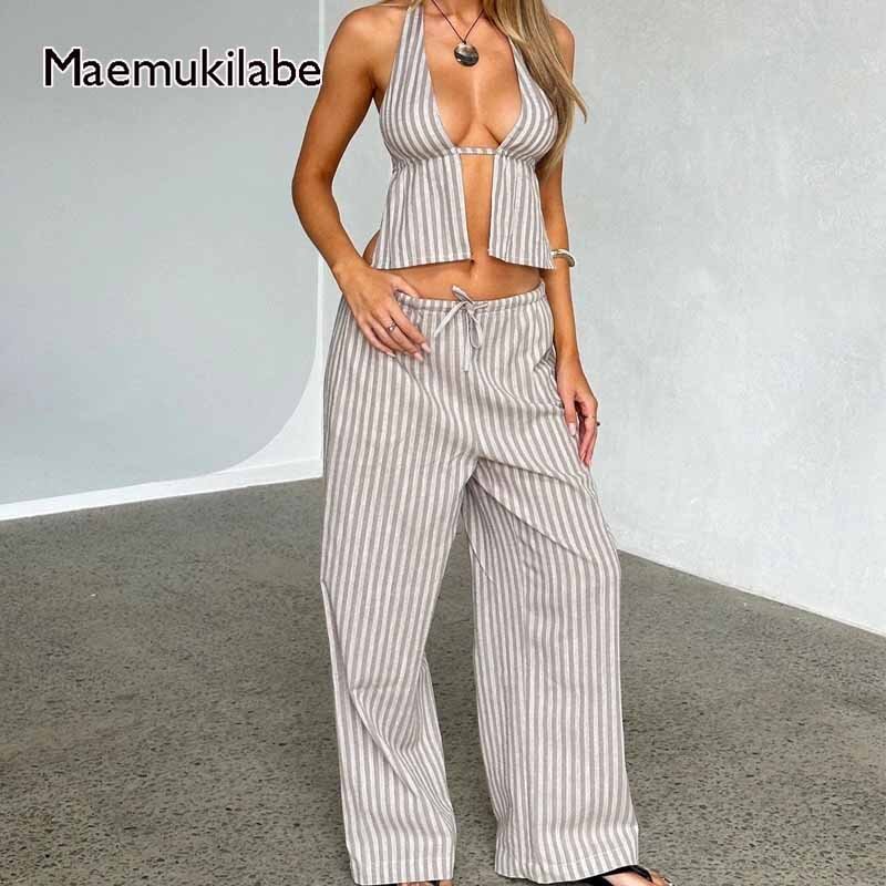 Maemukilabe-Backless Halter crop top e calças largas para mulheres, roupas de verão, regatas sexy, listras de gravata, verão