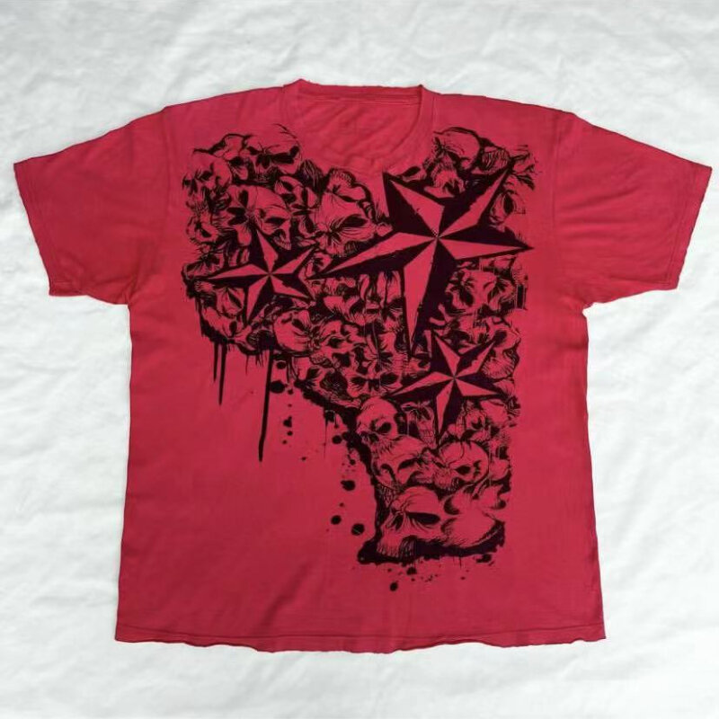 Camiseta holgada de manga corta para hombre, top de calle con estampado de Calavera, estilo gótico, retro americano, oscuro, 2024