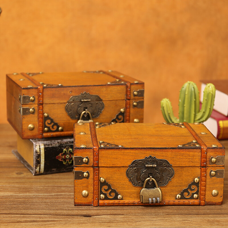 Vintage Storage Box Wooden Cosmetics Storage Box Desktop Finishing Wooden Jewelry Box with Lock Wooden Box Storage Box