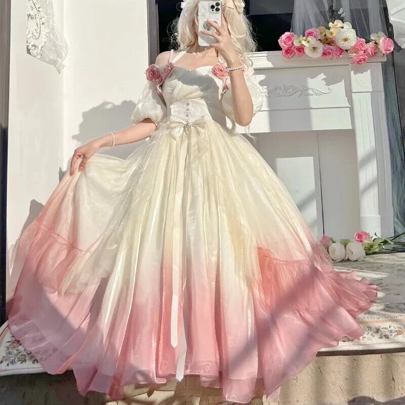 Japońska słodka Gradient sukienka Lolita kobiet w stylu Vintage elegancka kwiatową wróżkę sukienka kobieca przebranie na karnawał przyjęcie świąteczne