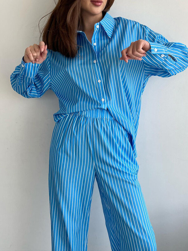 Marthaqiqi Blue Striped Ladies Pajamas Suit Long Sleeve Nightgowns Turn-Down Collar Sleepwear Pants Fashion Female Nightwear Set