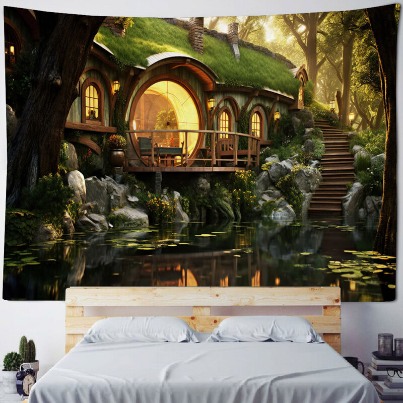 Natural forest landscape tapestry psychedelic jungle wooden house wall hanging bedroom, living room, home art decoration