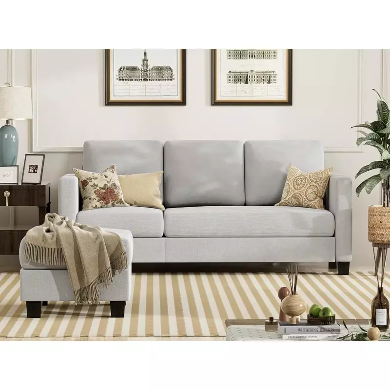 YESHOMY-Conversível em forma de L sofá assento com tecido de linho moderno, pequeno sofá secional, cinza claro, 70 ", Novo