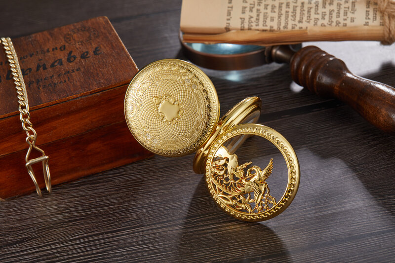 Luxury Gold Phoenix orologio da tasca meccanico manuale antico Double Open Face numeri romani Display orologio da tasca retrò a vento manuale