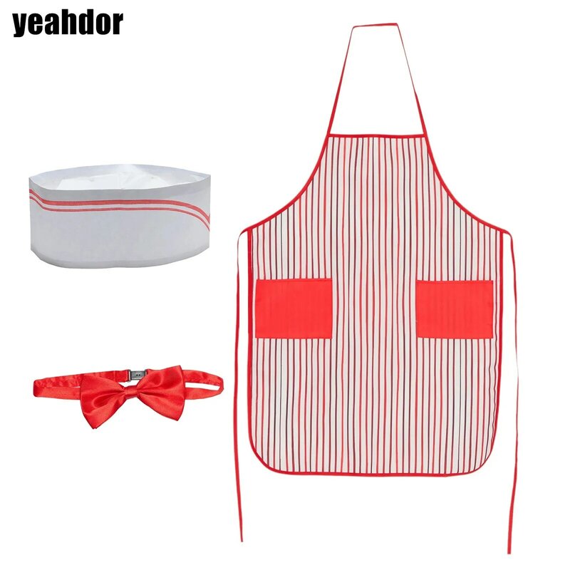 Kitchen Chef Restaurant Waiter Costume Props Striped Apron with Pockets Bowtie And Hat 3-piece Accessories for Halloween Cosplay