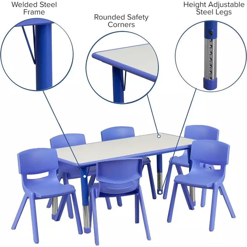 직사각형 파란색 플라스틱 높이 조절 활동 테이블 세트, 화물 무료 아기 의자 6 개 포함, 23.625 인치, W X 47.25, L