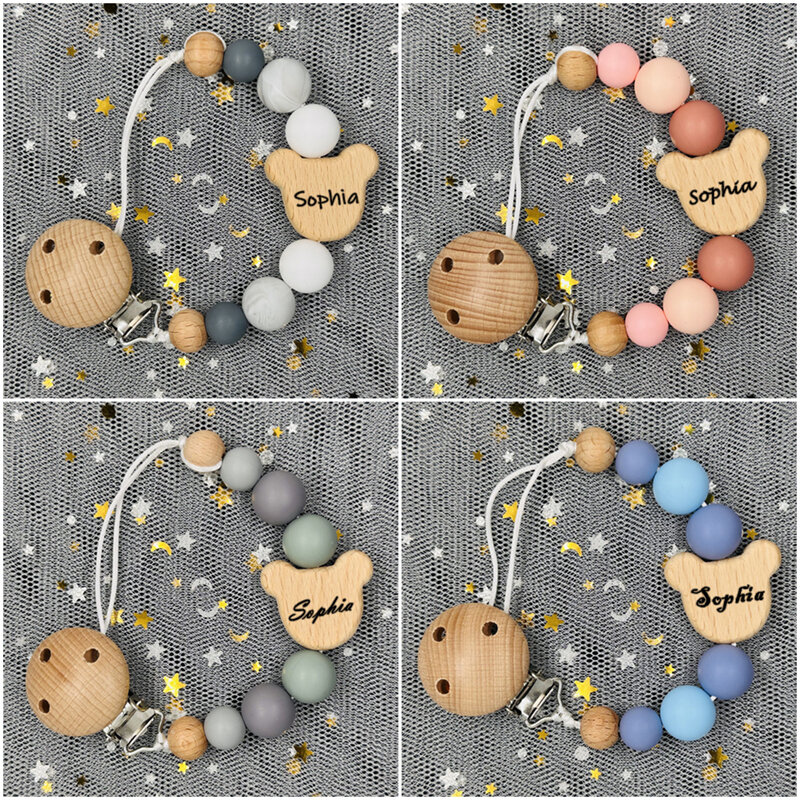 Custom Name Wood Personalized Baby Pacifier Chain Clip Silicone Bead Dummy Nipple Holder With Name Teether Pendant Newborn Gift