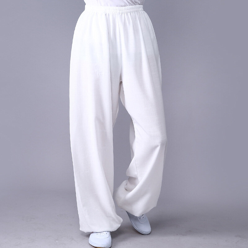Pakaian Kung Fu Unisex dewasa celana Wushu Tai Chi Linen ukuran Plus elastis seni bela diri celana Yoga wanita pakaian latihan pagi