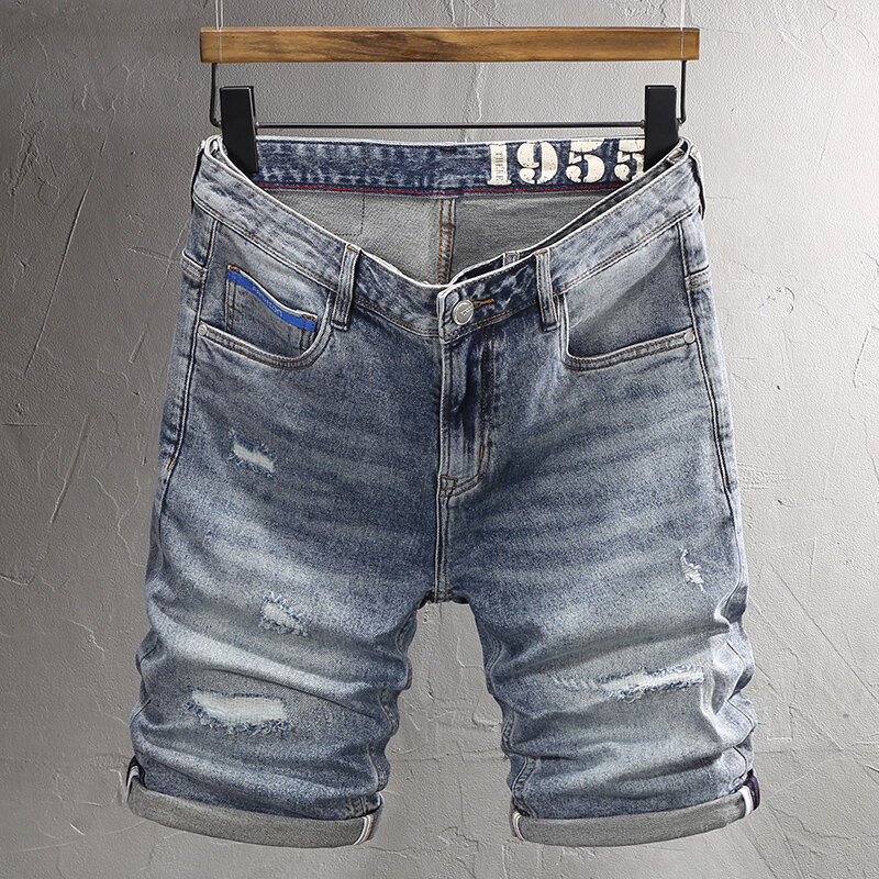 Летние модные мужские шорты в стиле ретро, потертые синие эластичные Мужские Винтажные Дизайнерские повседневные джинсовые шорты