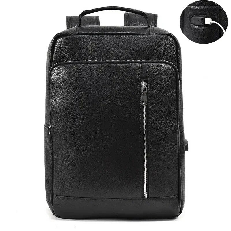 Black Leather Backpack for Men Real Cow Travel Bagpack School Daypack Male Business Laptop Bag 15.6" Backpacks USB