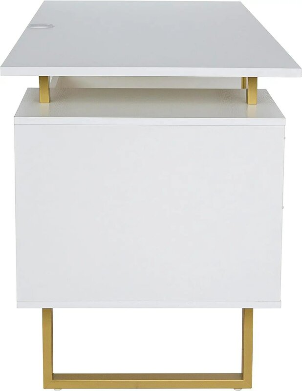 Techni Mobili Storage Drawers and Cabinet 51.25” W-Modern Office Large Floating Desktop Surface Desk, White/Gold