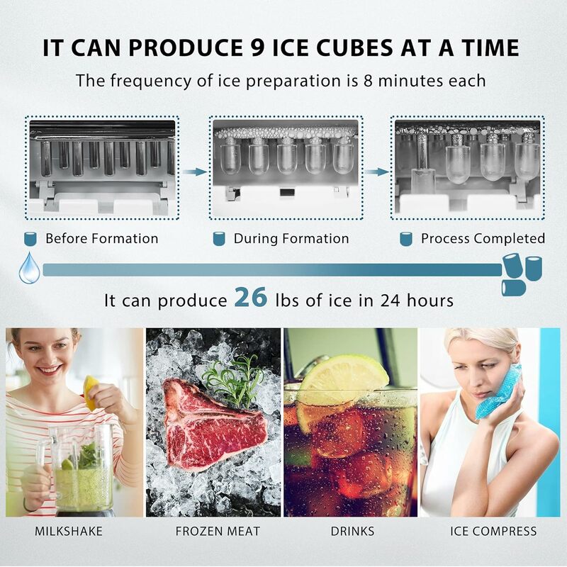 VIVOHOME-Máquina Automática Elétrica Ice Cube Maker, Bancada Compacta Portátil, Colher de Mão e Função Auto Limpeza