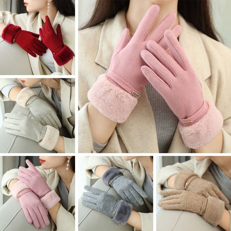 Guanti da donna in pelle scamosciata da polso guanti invernali con Touch Screen in peluche addensati di qualità tenere al caldo guanti da guida da donna