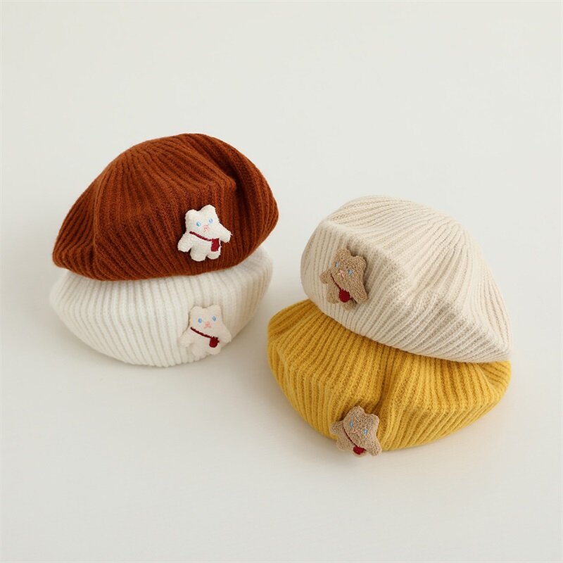 Bmnmsl dzieci dziewczynki berety kapelusz maluch niedźwiadek dekoracja czapka robiona na drutach jesienno-zimowa moda na co dzień ciepła czapka