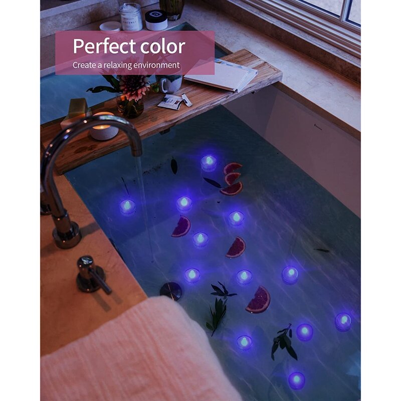 Lampu LED bawah air ungu 12 buah, lampu teh lilin tanpa api tahan air, dioperasikan baterai bawah air Festival musiman