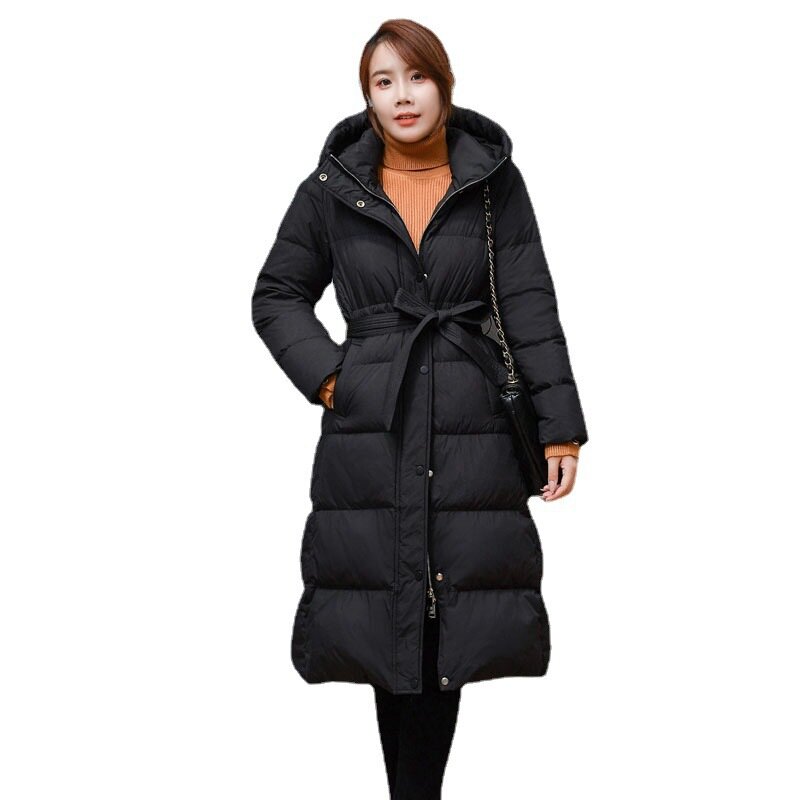 2023Winter Fashion Women Down Coat Hooded Belt Slim Fit Mid Length Women Coat Thickened Warm White Duck Down Parkas Korean Women