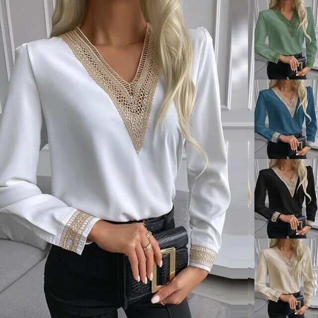 2024 Nieuwe Mode Vrouw Blouse Stijlvolle Herfst Kantoor Dame Elegante Tops Koreaanse Kanten Lange Mouw V-Hals Blusas Witte Shirts