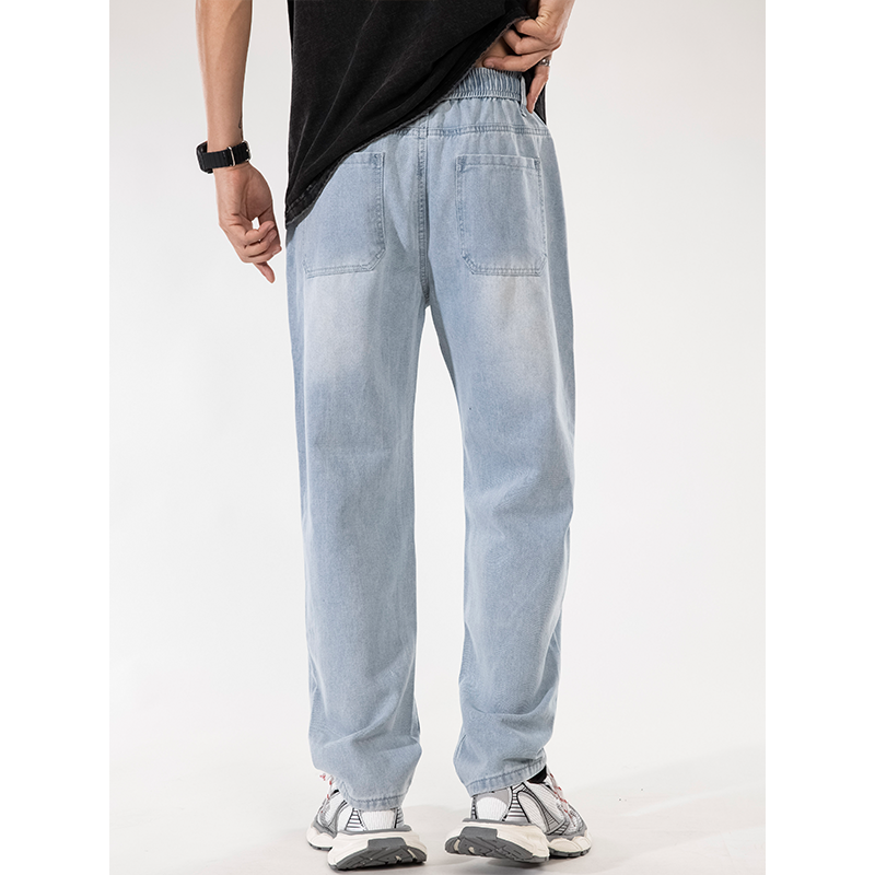 2024 Korean Fashion Men's Baggy Jeans Elastic Waist Classic olid Color Straight-leg Denim Wide-leg Casual Drawstring Pants Male