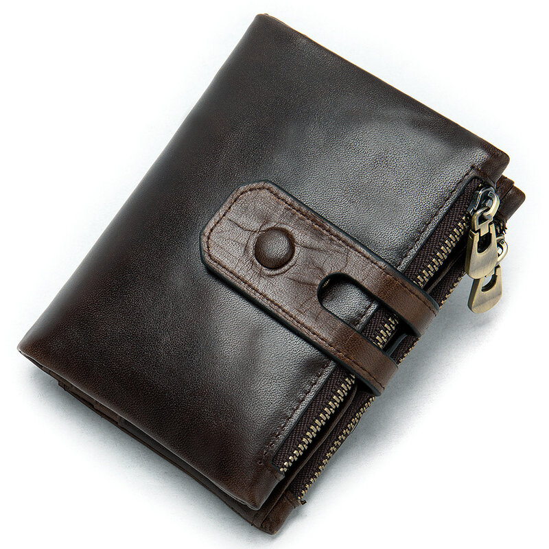 Genuine Leather Short Men's Wallet Cow Leather Men Folding Wallets Double Zipper Coin Purse Credit Card Holder Custom Initials