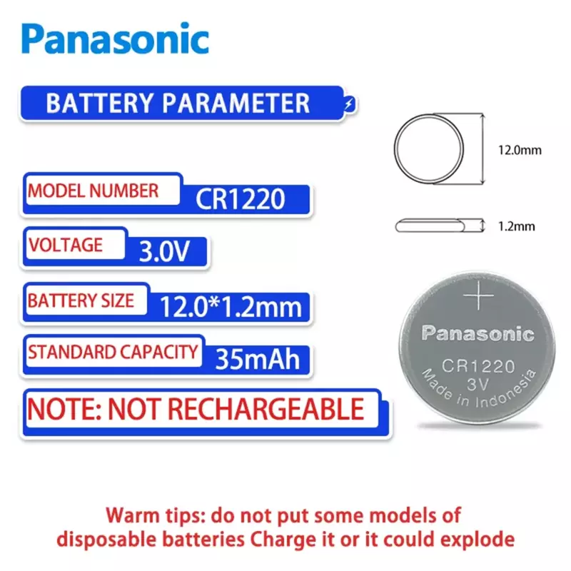 Panasonic 3V Lithium Button Baterias, CR1220, ECR1220, DLCR1220, Cell Coin, Relógio, Brinquedo eletrônico, Calculadoras, 2pcs, 50pcs