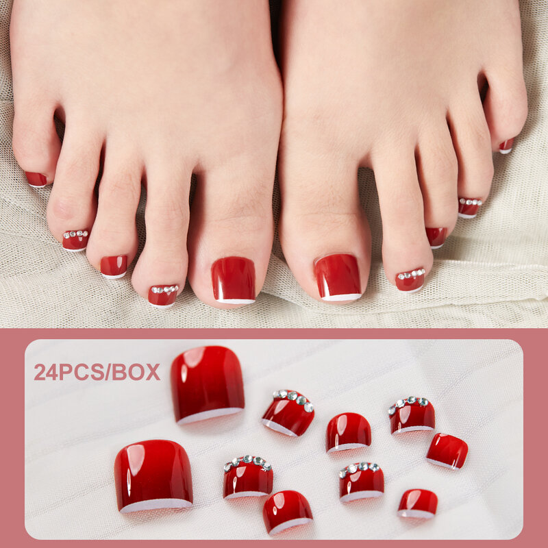 24Pcs/Box False Toes Nails French Square Rhinestones Nature Fake Toe Nails Feet Nail Tips Artificial Press On Toenails for Women