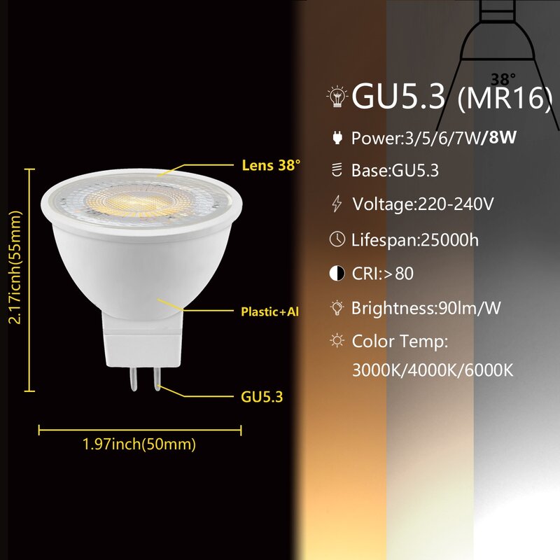 1-10 шт., светодиодные лампы GU10 GU5.3 MR16 3 Вт 5 Вт 6 Вт 7 Вт 8 Вт 38 градусов, 220 В