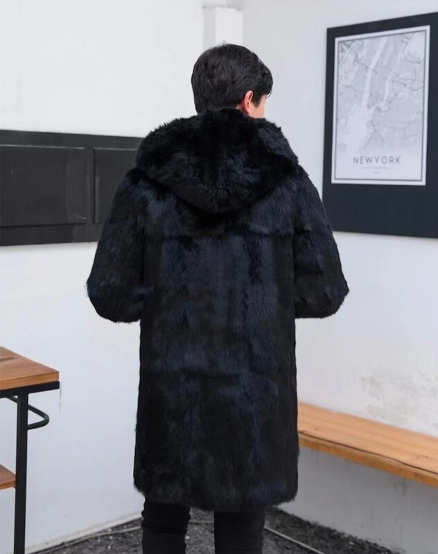 2024 Men's Real Rabbit Fur Coat Whole Skin Mid-Length Fur Coat Men Hooded Overcoat Loose Coat Outer Garment W250