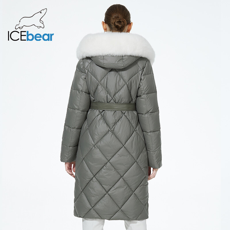 ICEbear-casaco longo com capuz para mulheres, casaco acolchoado, Parkas com cinto, à prova de vento, luxo, fêmea, GWD3925I, 2023