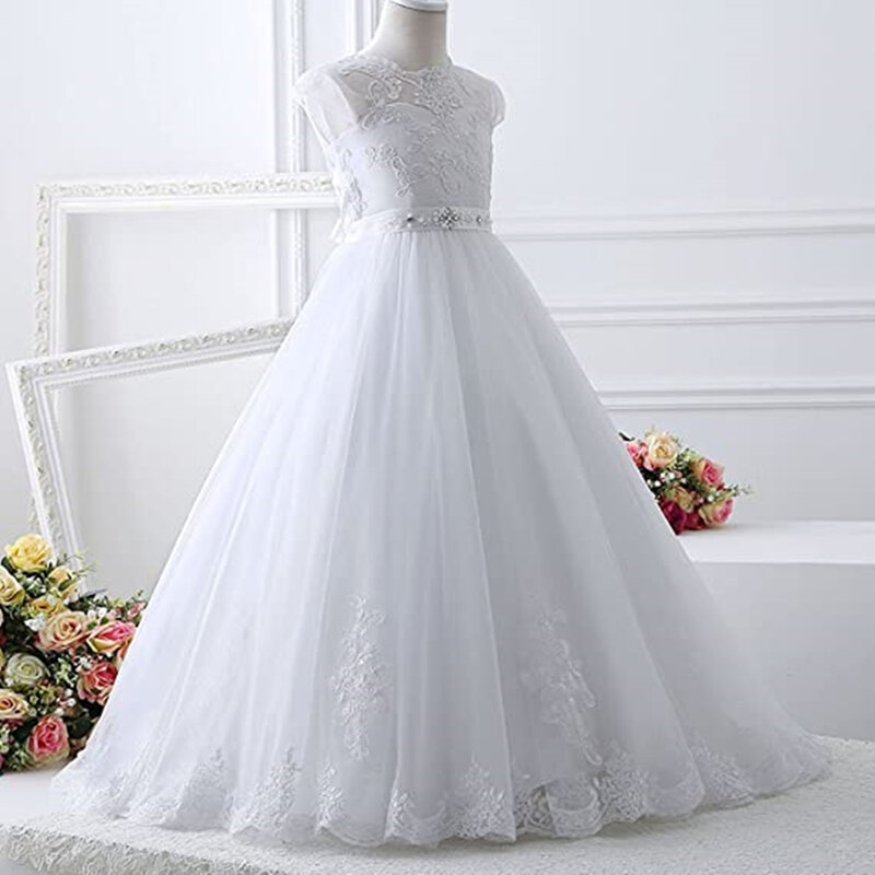 HYGLJL Lace Flower Girl Dress First Communion Baptism Dresses For Girls Robe Floor-Length Appliques Ball Gown with Beading
