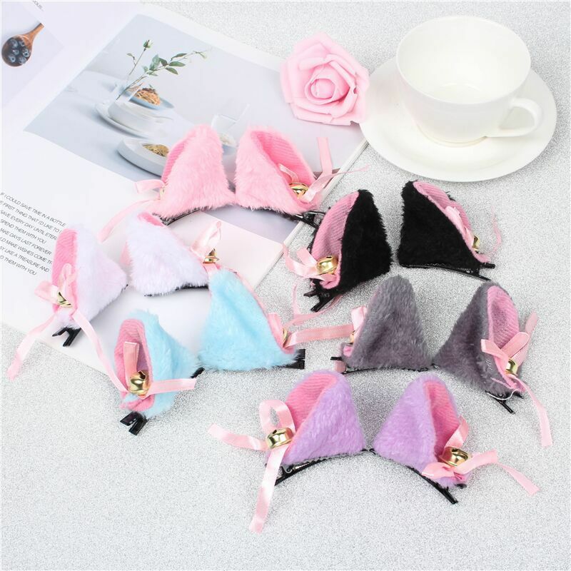 2pcs Cat Ears With Bell Hair Clip Fox Long Fur Hairpins Headwear Cosplay Anime Costume Halloween Party Gifts Hair Accessories