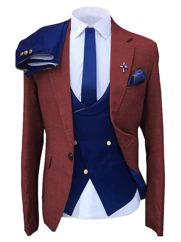 Garnitur męski 3 sztuki jednolity kolor formalna Slim Fit suknia ślubna biznes, bankiet garnitur do pracy granatowe niebieska kamizelka spodnie z kurtką