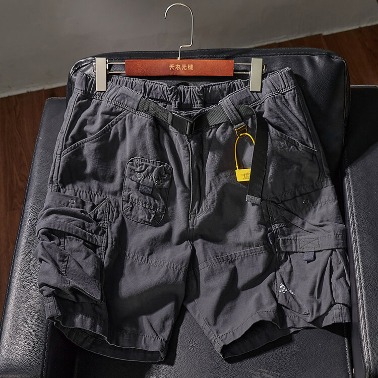 Letnia nowa amerykański Retro Cityboy Outdoor szorty Cargo męska czysta bawełna myte na co dzień wielo-kieszeniowe 5-punktowe spodnie z paskiem