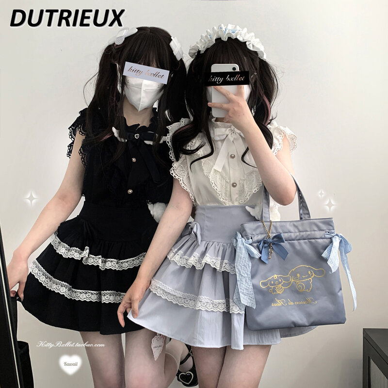 Elegant Lolita Skrit Women Sweet Bowknot Double Layer Lace Mass Production Ruffles Pleated Skirts New Summer Mini Skirt Student