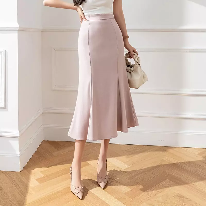 Женская юбка с завышенной талией, розовая элегантная юбка-Русалка средней длины в Корейском стиле, весна-лето 2024