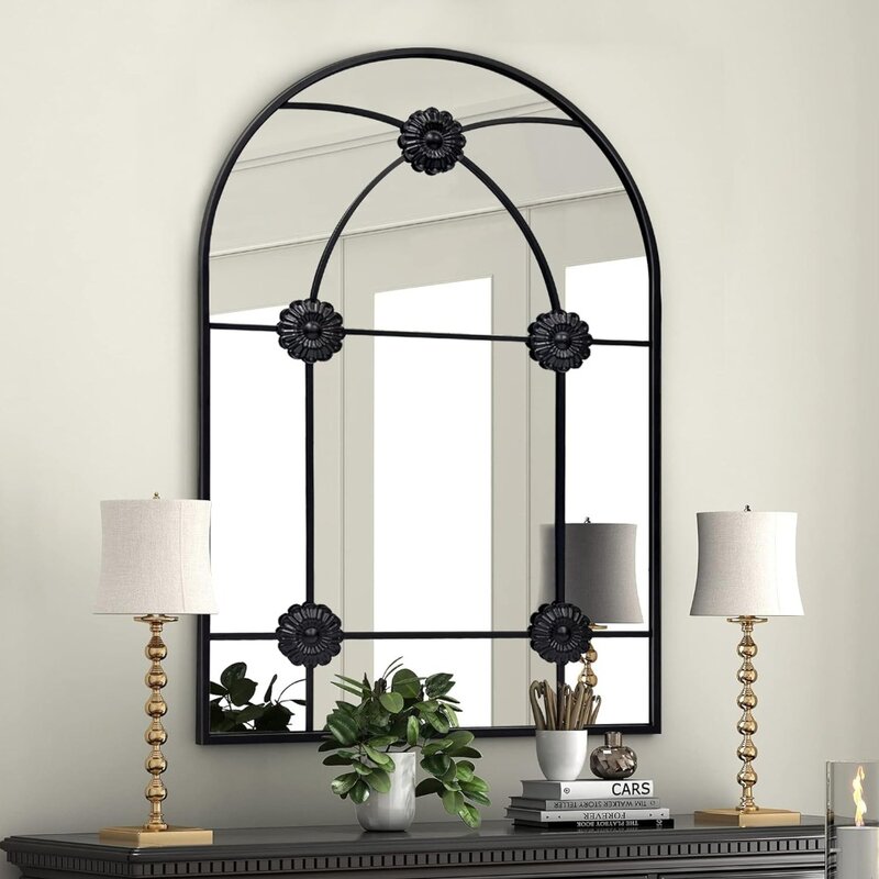 Espejo de pared arqueado para decoración de pared, marco de aleación de aluminio negro, flores talladas para baño, dormitorio, sala de estar