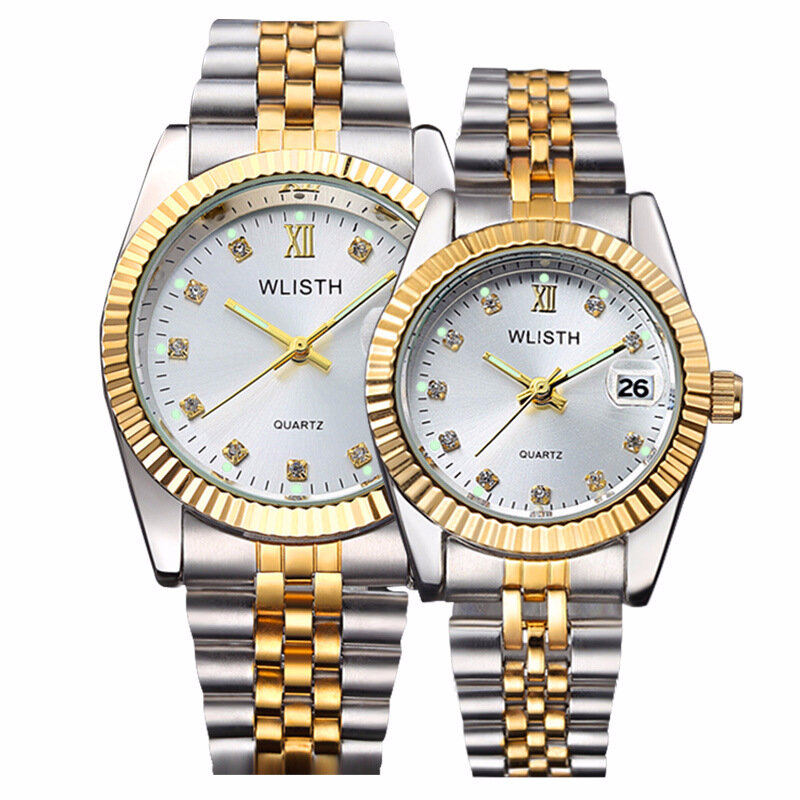 Reloj de pulsera de acero inoxidable para hombre y mujer, cronógrafo dorado de alta calidad con calendario, fecha, marca de lujo, resistente al agua