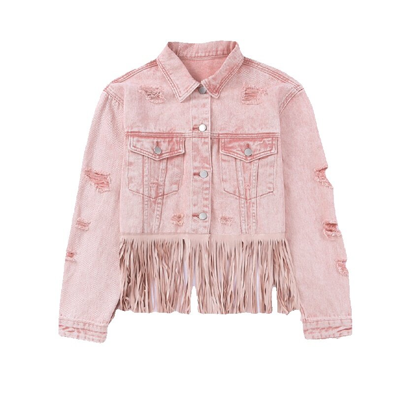 Shi Ying Pink Stressed Denim Coat Women's Winter Short Fashion Bottom Tassel Jacket 8512530