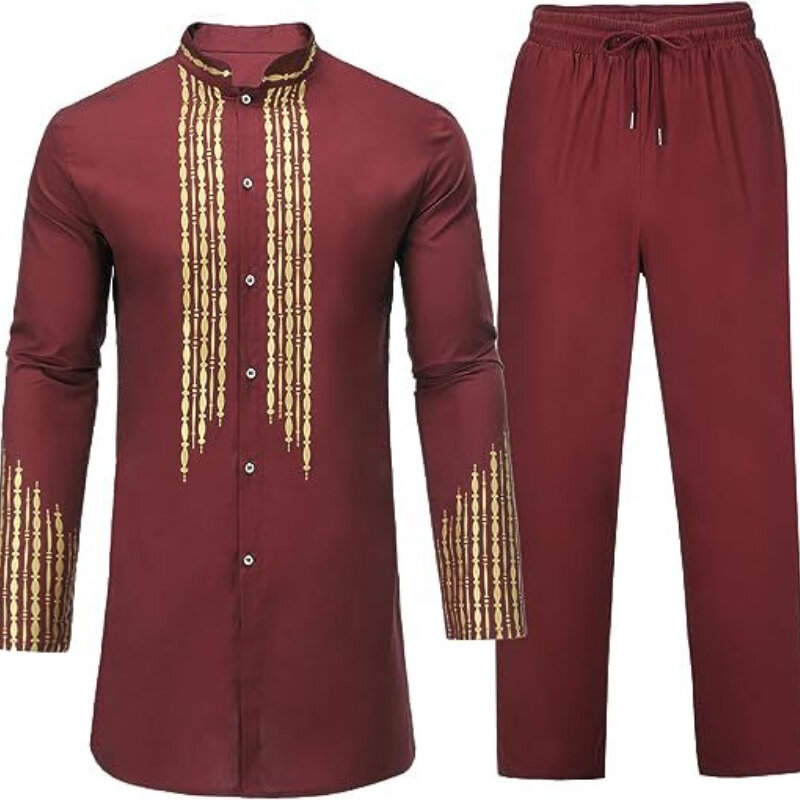 Setelan pakaian pria, setelan pria Afrika, atasan dan celana panjang 2 potong, Busana muslim pakistan, baju arab pria