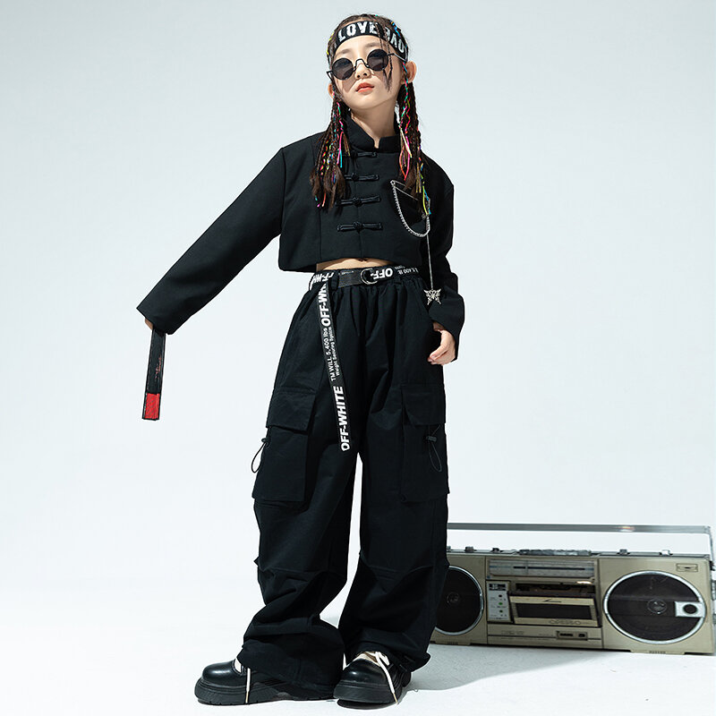 Dziecięca nastoletnia punkowa odzież Hip hopowa czarna koszula krótkie bluzki casualowe spodnie Cargo Mini spódniczka dla dziewczyny kostium taneczny jazzowej