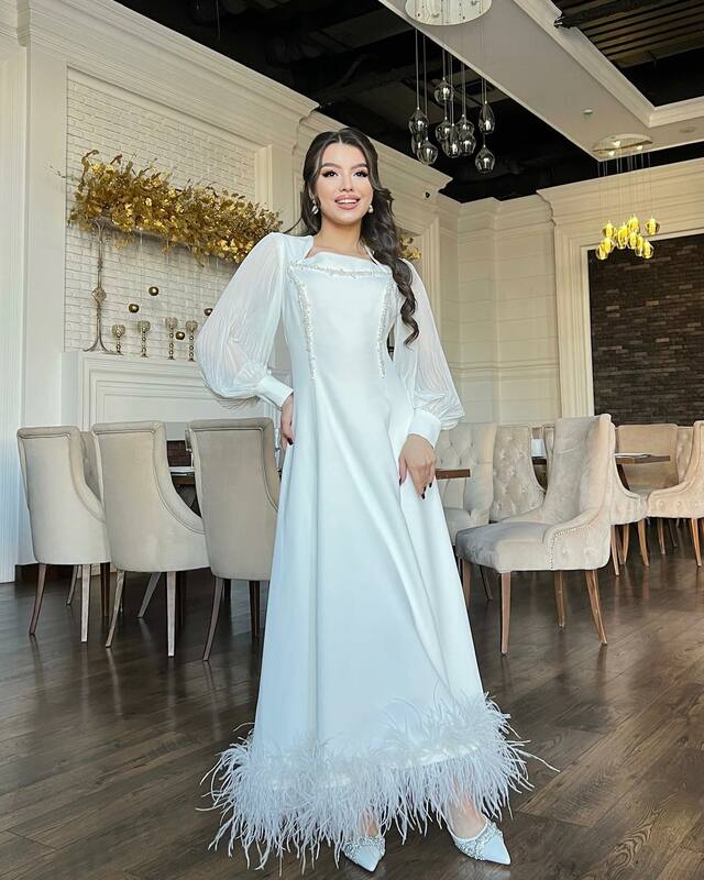 Jirocum Feather vestido de baile de cetim para mulheres, manga comprida, linha A, vestidos de festa, elegante pescoço quadrado, vestidos formais sauditas