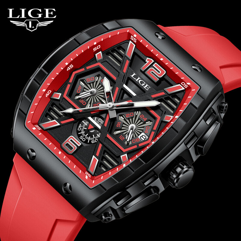 LIGE-Montre-bracelet étanche pour homme, marque de luxe, date Shoous, grandes montres pour homme, chronographe en silicone, montre à quartz pour homme