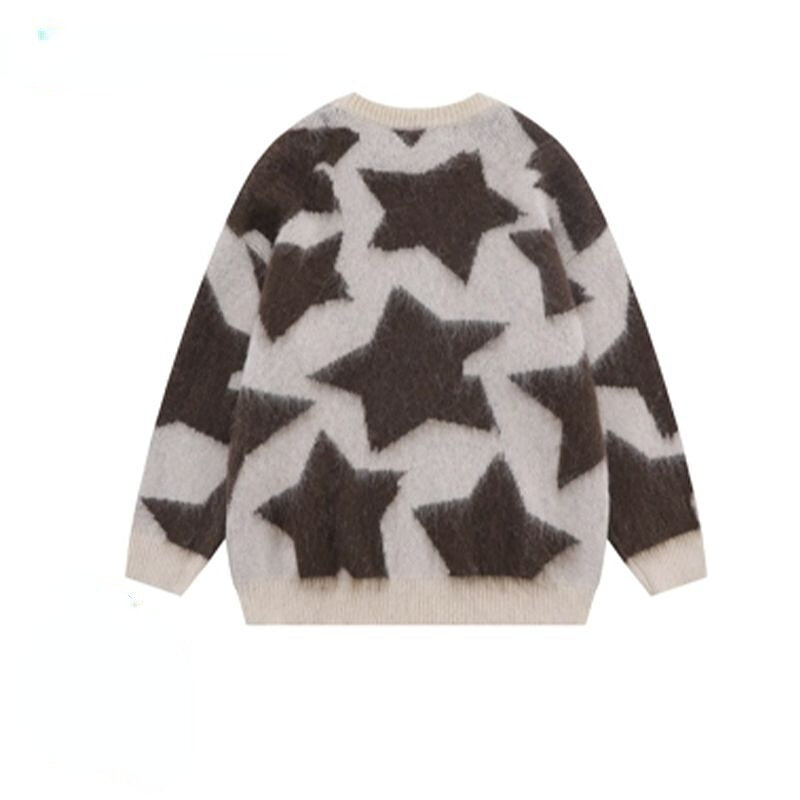 Женский вязаный свитер в стиле Харадзюку, универсальный пуловер контрастных цветов оверсайз с круглым вырезом и принтом звезд