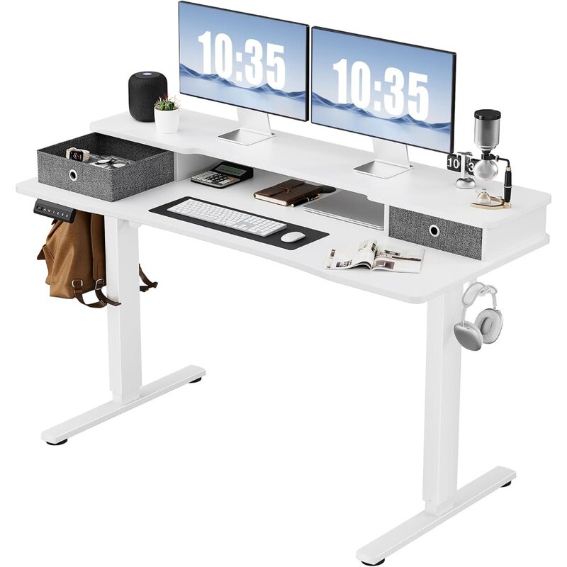 전기 스탠딩 데스크, 높이 조절 가능, 55x24 인치, 앉고 서있는 컴퓨터 테이블, 이중 서랍
